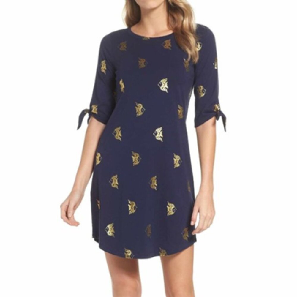 Lilly Pulitzer S Navy Gold Foil Fish Print 100% Pima Cotton Preston Shift Dress